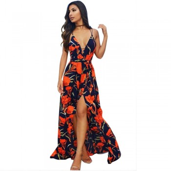 Boho New V-Neck Women Long Maxi Dress Sexy Sleeveless High Waist Print Orange Blue